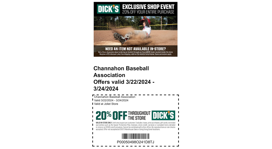 Channahon Baseball Appreciation Weekend at DICK'S Sporting Goods